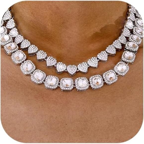 Silver Rhinestone Heart & Diamond Tennis Chain Set | Iced Out Layered Necklace - Picture 5 of 5